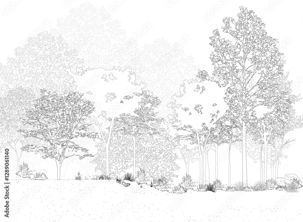 Poster architectural drawings, minimal style cad tree line drawing, side view, set of section wetland fores