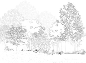 Architectural Drawings, Minimal style cad tree line drawing, Side view, set of section wetland forest outline for landscape design drawing. Vector illustration in seperate element