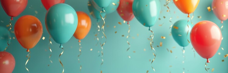 Festive balloons in corporate colors decorate office event. Teal, orange, red balloons, confetti, gold streamers background. Celebration of business success, team achievement, company anniversary,