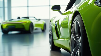 A car showroom displaying luxury hybrid roadsters. Featuring high performance and green technology