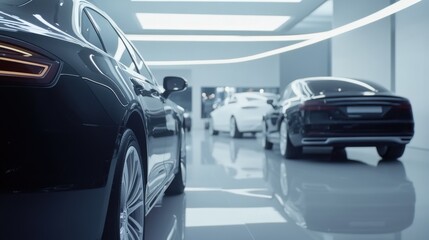 Fototapeta premium A car showroom displaying luxury hybrid sedans. Featuring refined design and hybrid efficiency