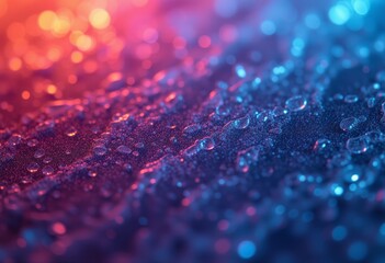  Close-up of water droplets on a reflective surface with a pink and blue bokeh background