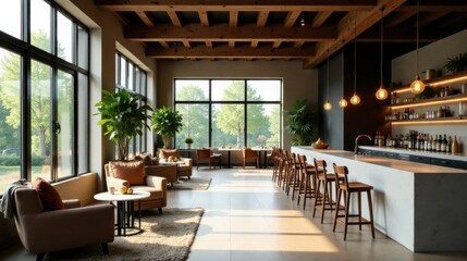Serene Lounge with Expansive Windows and Wooden Beams, Featuring a Modern Bar and Comfortable Seating