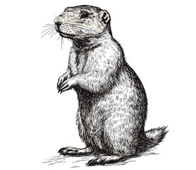 Animal print vintage art, prairie dog hand-drawn in black sketch effect, old engraving style, trendy illustration, rustic decor, detailed wildlife design, classic print.