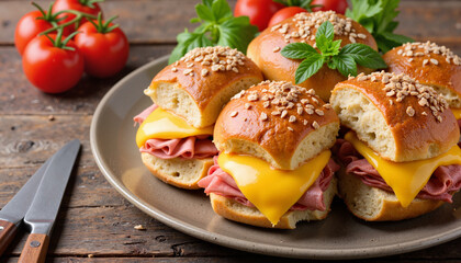 Delicious sliders with cheese and ham on rustic wooden table