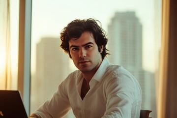 Fototapeta premium A man with dark hair, wearing a white shirt, sits near a window with a city view in the background.