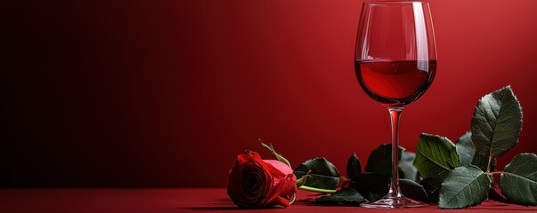 Elegant red aesthetic with a glass of wine and a delicate rose