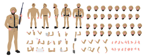 Police Officer Character Design Model Sheet. Man, Character design. Front, side, back view and explainer animation poses. Character set with lip sync and Walk cycle animation sequences.