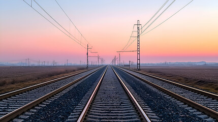 Fototapeta premium Train Tracks at Sunrise Over a Flat Landscape