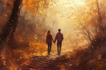 Fototapeta premium A couple holding hands walks down a path in an autumnal forest, bathed in golden sunlight.