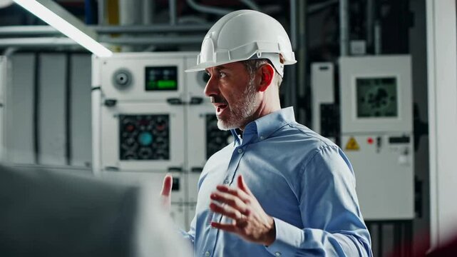 Professional industrial engineer wearing protective hardhat explaining complex work process to colleagues inside technical server room with advanced digital infrastructure in dramatic slow motion