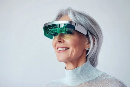 A senior woman smiles while experiencing augmented reality through a futuristic headset.