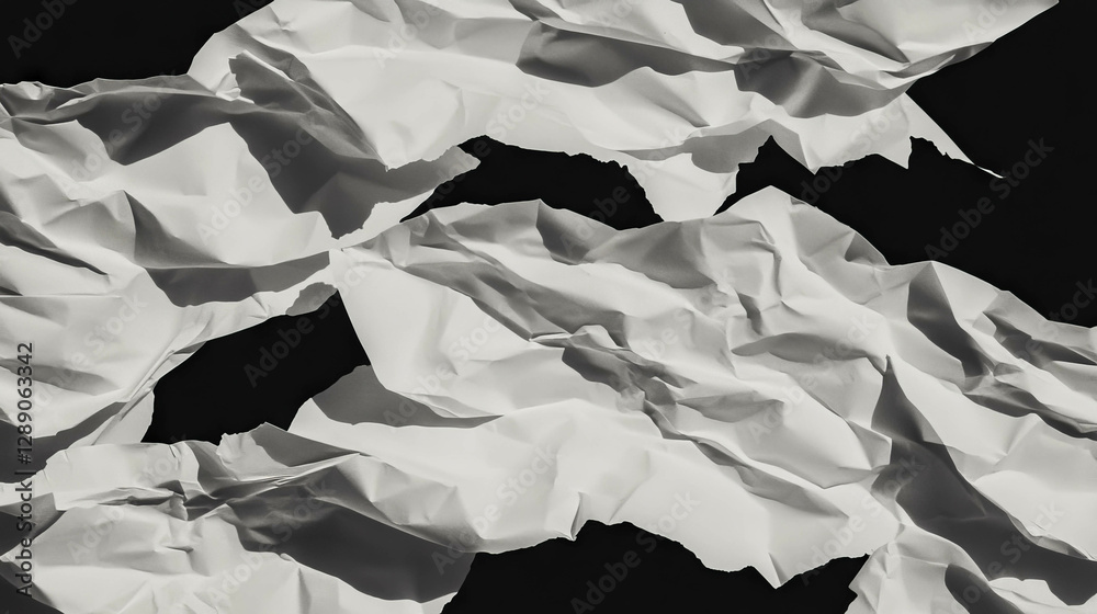 Poster white heavily crumpled and torn paper texture for creative background design