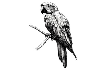 Trendy bird art, wildlife print with a hand-drawn parrot in black sketch effect, vintage illustration on a white background. © Vintage Studio