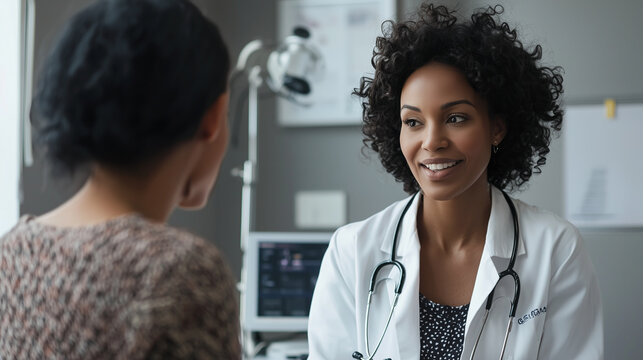 Doctor consulting with patient in exam room, comforting conversation, medical tools in background. Crisp, modern feel.