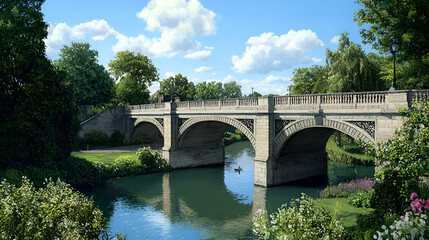 Fototapeta premium Stone Arch Bridge Over Calm River in Summer Landscape