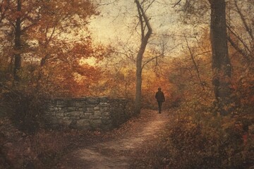 Solitary figure walks a path through autumnal woods, past a stone wall, bathed in sunset's warm glow.