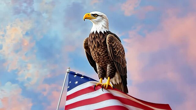 Bald eagle perched on US flag, sunset sky