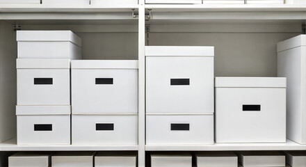 Organized white storage boxes on shelves,  closet organization, spring cleaning, de-cluttering