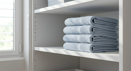 Stacked blue towels on a white shelf,  closet organization, spring cleaning, de-cluttering