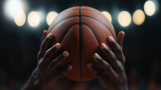 Basketball in player&acirc;s hands, focused expression, court under bright lights. High realism, fine textures.
