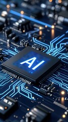 Microchip with AI sign and intricate circuit design illuminated with blue lights on a technological background showcasing modern innovation