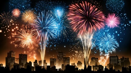 Obraz premium Spectacular fireworks display over city skyline nighttime celebration urban landscape vibrant atmosphere
