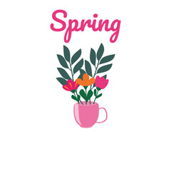 Spring arrangement of a bouquet of flowers in a cup. Hello spring