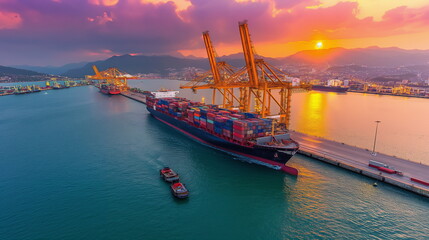 Obraz premium A port crane loads a container ship and huge mecha_009