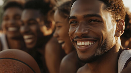 Basketball player smiling with ball, teammates cheering, game setting. Crisp textures, lively scene.