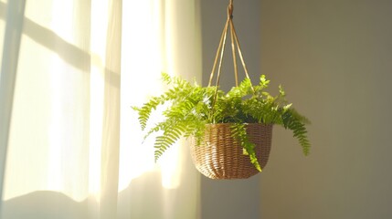 Hanging Basket with Ferns Illuminated by Soft Natural Light