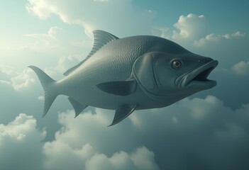 Naklejka premium Large Fish Flying High in the Sky with Clouds and Sunlight