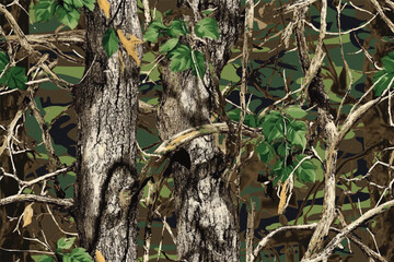 Obraz premium Real tree forest camouflage seamless pattern design pattern for hunting and military uniform. Hunting camouflage. Camo pattern