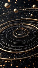Golden spirals create mesmerizing patterns against a dark background filled with glimmering specks of light