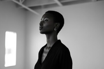 A black and white portrait of a woman with short hair, wearing a dark top, against a plain background.