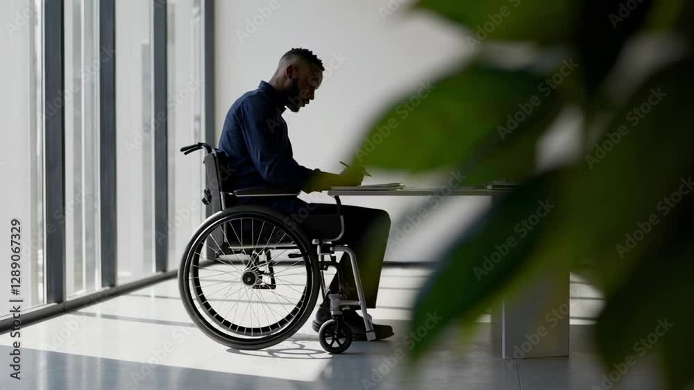 Aufkleber Office worker using a wheelchair taking notes at his desk in a bright office space next to large windows, captured in a slow motion sequence