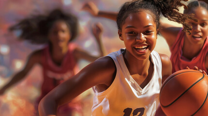 Girl dribbling basketball with smile, teammates in background, action moment. Bright, energetic scene.