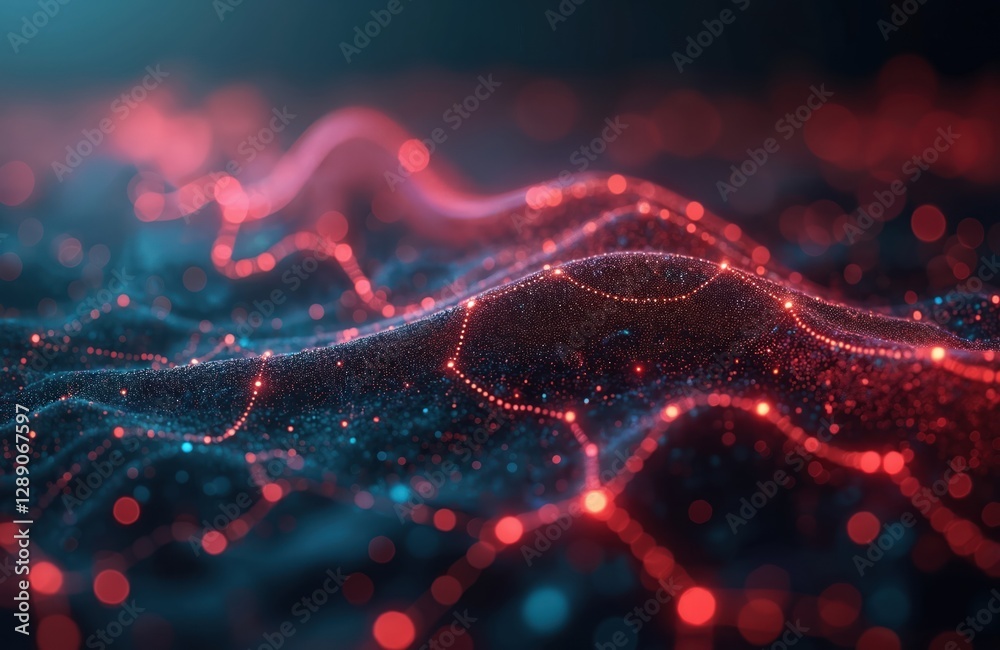 Fototapete Abstract digital network data flow visualization. Red glowing nodes connected with lines, creating virtual electronic processing grid. Datum structure shows global connection, innovation. Modern dark