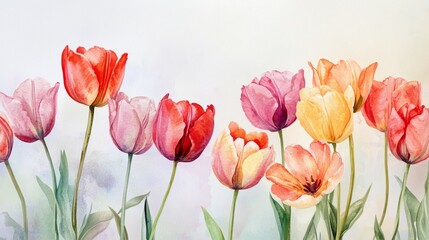 Colorful watercolor tulips create a beautiful spring border on a soft pastel background