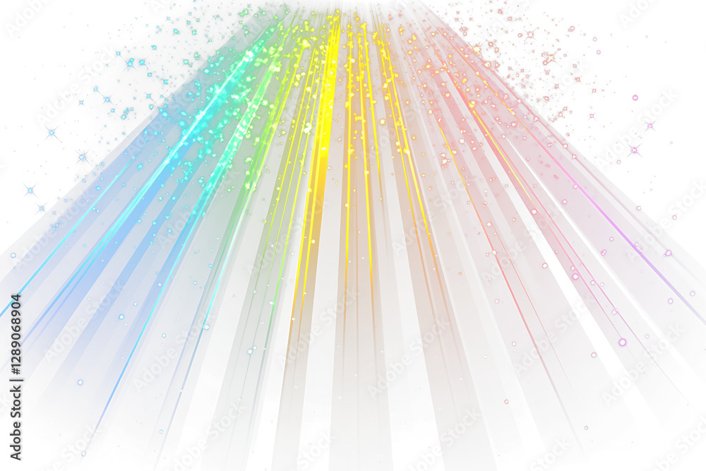 Poster colorful light rays with sparkles on transparent background.