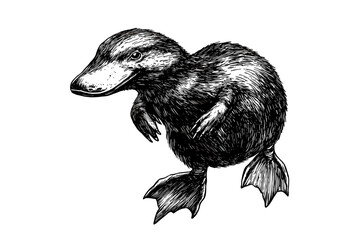 Vintage hand-drawn platypus artwork, black sketch design, trendy animal print, classic engraving style, wildlife-inspired illustration on white background, unique decorative touch.