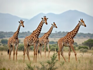 Obraz premium Giraffes in african savannah. Great African giraffes stand on a rolling grassy plain, surrounded by picturesque trees. Giraffe walking in grassy plain