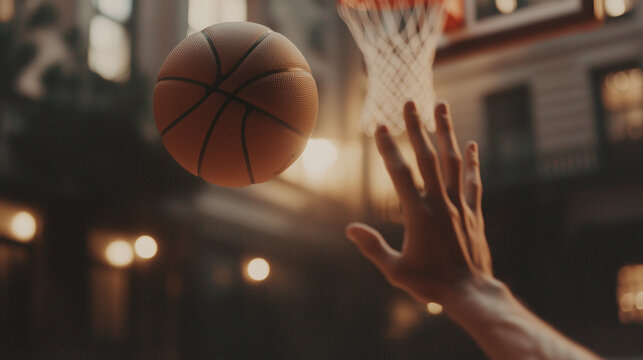 Basketball thrown toward hoop, hands releasing with precision. Clear textures, sharp focus.