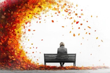 A solitary figure sits on a bench amidst falling autumn leaves, a poignant scene of autumnal solitude.