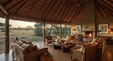 Relaxing lodge interior overlooking African savanna with giraffe during sunset