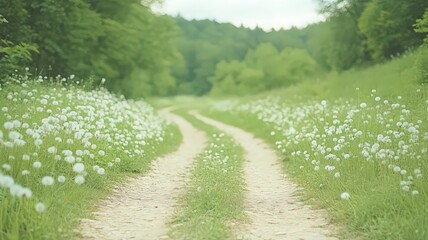 A winding dirt road through a field of white wildflowers, leading to a lush green forest. Soft, natural lighting