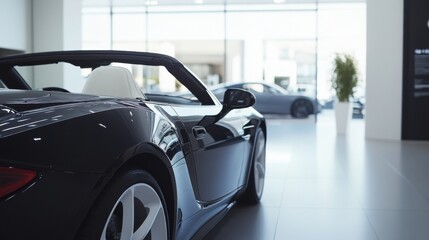 A car showroom featuring a convertible luxury sports car. Featuring elegance and freedom