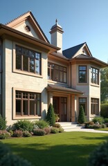 Obraz premium Fragment of luxury house exterior on sunny day. Beige building with dark roof, windows, door, chimney. Well-groomed lawn, garden with plants, trees on front yard. Real estate property in Vancouver,