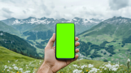 person holding smartphone with green screen in scenic mountain landscape. lush greenery and majestic mountains create serene atmosphere, perfect for tech lifestyle enthusiasts