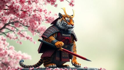 Samurai tiger, sakura tree background